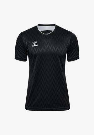 Zwart sportshirt met een geometrische textuur, korte mouwen, een ronde hals afgezet met wit en het Hummel-logo op de linker bovenkant.