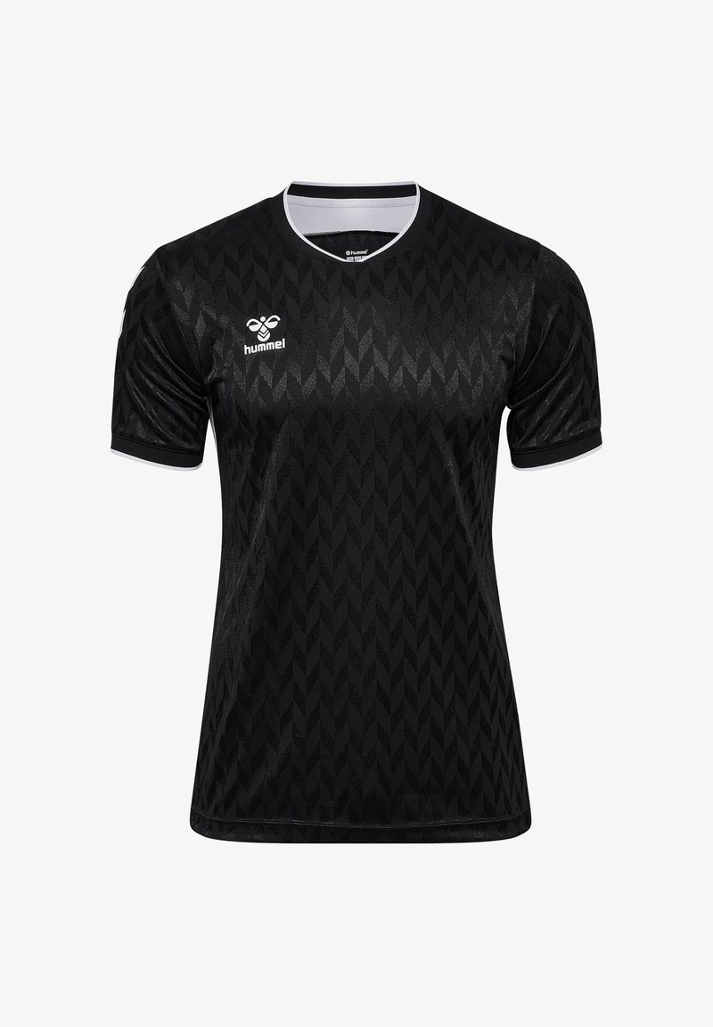 Zwart sportshirt met een geometrische textuur, korte mouwen, een ronde hals afgezet met wit en het Hummel-logo op de linker bovenkant.