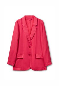 Růžový lněný blazer s klopovým límcem, uzavíráním na jeden knoflík a dvěma předními kapsami. Má uvolněný střih a hladkou texturu.