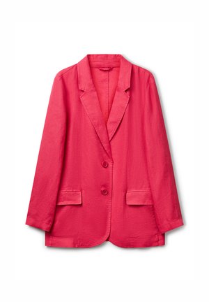 Růžový lněný blazer s klopovým límcem, uzavíráním na jeden knoflík a dvěma předními kapsami. Má uvolněný střih a hladkou texturu.