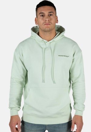 Muntgroene hoodie met een voorste kangoeroezak, trekkoordcapuchon en het logo "WRONG FRIENDS" geborduurd op de borst. Van katoen.