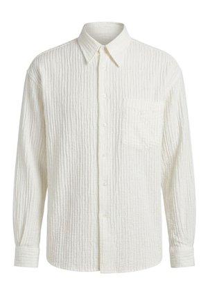 Camicia bianca a maniche lunghe con bottoni, righe verticali strutturate e taschino sul petto, con colletto classico a punta.