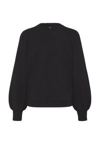 Czarny sweter z okrągłym dekoltem i rękawami typu balloon. Posiada ściągacze przy mankietach i dolnym brzegu. Gładka tekstura, bez widocznych wzorów czy akcentów.