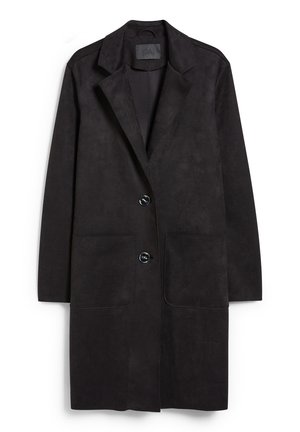 Long manteau en suède noir avec col à revers cranté, deux boutons à l'avant et grandes poches appliquées, présenté sur fond blanc.