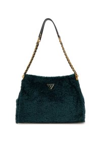 Zelená kabelka z umělé kožešiny s pevnou strukturou. Má zlatý řetízek a kožený ramenní popruh a na přední straně trojúhelníkový detail s logem.