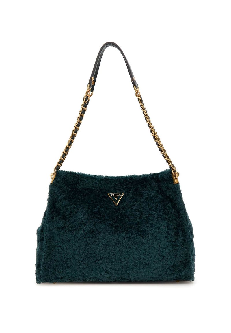 Zelená kabelka z umělé kožešiny s pevnou strukturou. Má zlatý řetízek a kožený ramenní popruh a na přední straně trojúhelníkový detail s logem.