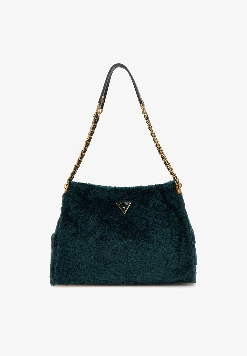 Zelená kabelka z umělé kožešiny s pevnou strukturou. Má zlatý řetízek a kožený ramenní popruh a na přední straně trojúhelníkový detail s logem.