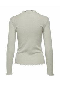 Hellgraues, geripptes Langarmshirt mit schwingenden Saumkanten, von hinten auf weißem Hintergrund gezeigt.