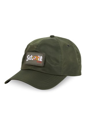 Casquette vert olive avec une visière incurvée et un patch avant affichant "Schott NYC" avec un graphique coloré. Fabriquée en tissu léger.