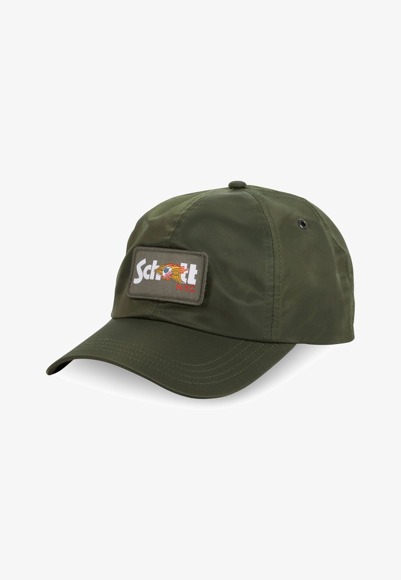 Casquette vert olive avec une visière incurvée et un patch avant affichant "Schott NYC" avec un graphique coloré. Fabriquée en tissu léger.