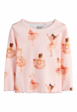 Helehele-roosa, pika varrukaga väikelapse särk, millel on õrnad baleriinide illustratsioonid pehmetes oranžides ja pruunides toonides ning volditud äär.