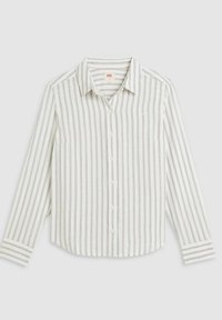 Chemise blanche à manches longues boutonnée avec fines rayures verticales noires et col pointu, posée à plat sur un fond clair.