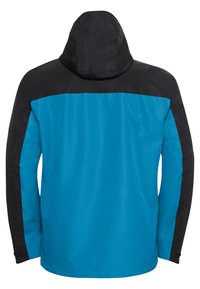 Giacca con cappuccio caratterizzata da un corpo blu brillante con dettagli neri sulle spalle e sulle maniche. Realizzata in tessuto liscio e leggero.