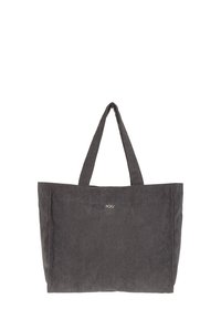 Grijze corduroy tote bag met twee korte handvatten, voorzien van een voorzak en een kleine logo-accent. Gladde textuur met verticale ribbels.