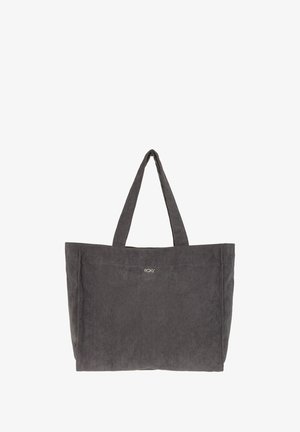 Grijze corduroy tote bag met twee korte handvatten, voorzien van een voorzak en een kleine logo-accent. Gladde textuur met verticale ribbels.