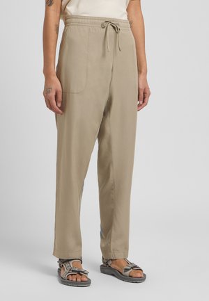 Beige, leichte, atmungsaktive Hose mit elastischem Bund und verstellbarem Kordelzug. Verfügt über Seitentaschen und ein gerades Bein-Design.