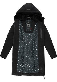 Black padded coat with a fur-lined hood. Interior features a patterned lining with triangles in white, pink, and blue tones. Zipper closure.