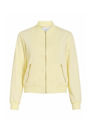 Blouson bomber zippé jaune clair avec col, poignets et ourlet côtelés, comprenant deux poches diagonales zippées à l'avant.