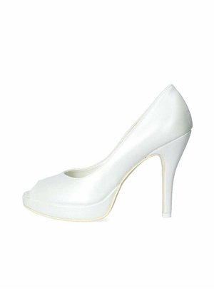 Scarpa con tacco alto bianca, con finitura lucida, suola piattaforma e design elegante. Presenta una silhouette affusolata e accenti minimi.