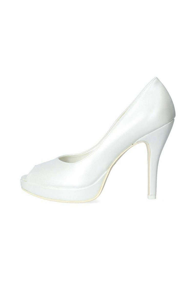 Scarpa con tacco alto bianca, con finitura lucida, suola piattaforma e design elegante. Presenta una silhouette affusolata e accenti minimi.