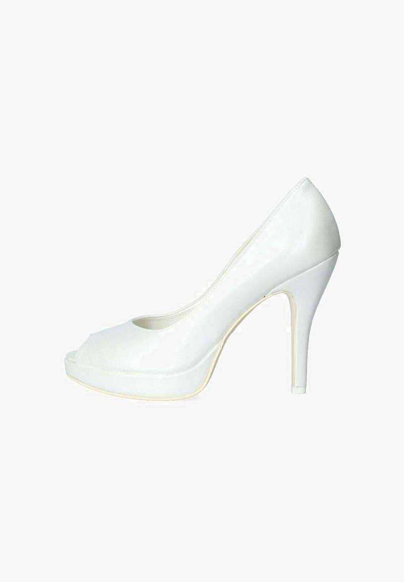 Scarpa con tacco alto bianca, con finitura lucida, suola piattaforma e design elegante. Presenta una silhouette affusolata e accenti minimi.