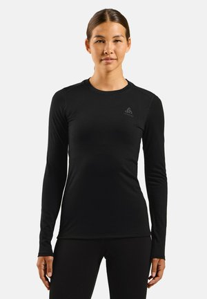 Long-sleeve black athletic shirt made of a smooth, lightweight fabric. Features a round neckline and a small logo on the upper left side.