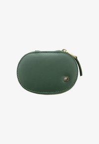 Groene leren ovale tas met een gouden rits, gegraveerd logo detail en een gladde textuur, ontworpen voor compacte opslag van kleine artikelen.
