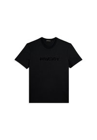 Camiseta de algodón negra con un logo "FREDDY" tonal y texturizado en el pecho, mangas cortas y un clásico cuello redondo.