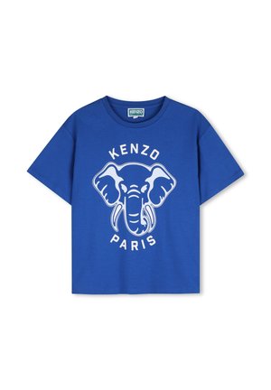 Blauw katoenen T-shirt met een grote witte olifant graphic en de tekst "KENZO PARIS" in een cirkelvormige opstelling onder het ontwerp.