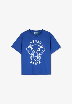 Niebieska bawełniana koszulka z dużym białym nadrukiem słonia oraz napisem "KENZO PARIS" ułożonym w okrąg poniżej wzoru.