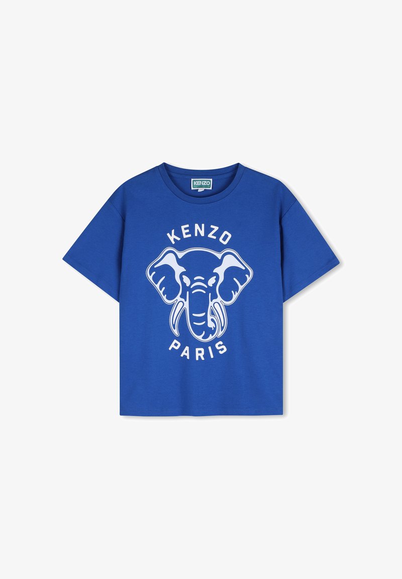 Niebieska bawełniana koszulka z dużym białym nadrukiem słonia oraz napisem "KENZO PARIS" ułożonym w okrąg poniżej wzoru.