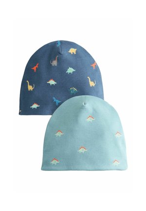 Dve detské čiapky, jedna tmavomodrá s viacfarebnými dinosaurími potlačami, druhá svetlomodrá s malými potlačami stegosaurov.