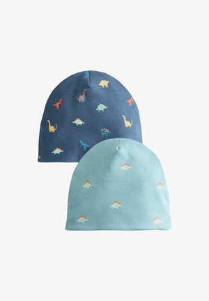 Two children's beanies, one dark blue with multicolored dinosaur prints, one light blue with small stegosaurus prints.