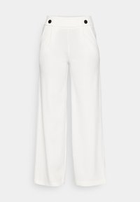 Bílé široké kalhoty vyrobené z hladkého materiálu, které mají dvě přední kapsy a černé knoflíkové detaily v pase.