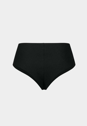 Culotte noire taille haute en tissu extensible, avec une texture lisse et un design épuré sans coutures visibles.