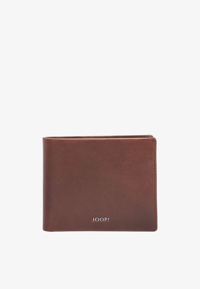 Portefeuille bifold en cuir marron avec le logo "JOOP !" embossé en argent dans le coin inférieur droit, fond uni.