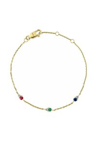 Pulsera de cadena de oro que presenta cuatro piedras preciosas de colores: roja, verde, azul y transparente. Incluye un cierre de langosta seguro.