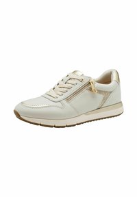 Sneaker bianco in pelle con dettagli dorati, pannello laterale testurizzato e zip decorativa. Presenta una suola imbottita e un design con lacci.