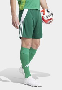 Green athletic shorts with white side panel, matching green knee socks, and white soccer cleats. Holding a red and white soccer ball.