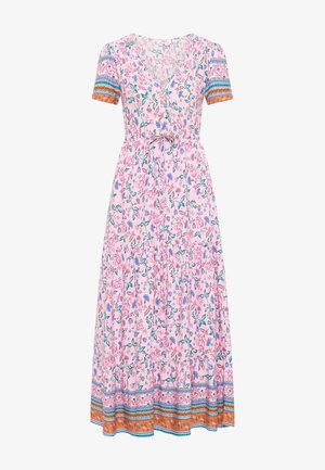 Roze bloemen maxi-jurk met korte mouwen, voorzien van een V-hals, een cinched taille, een gelaagde rok en kleurrijke patroon aan de onderrand en mouwen.