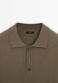Brauner Wollpullover mit einem Polokragen, drei dunkelgrauen Knöpfen und einer weichen, strukturierten Oberfläche. Das Etikett trägt die Aufschrift "Massimo Dutti."