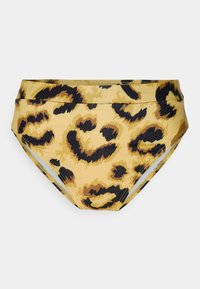 Parte de baixo de biquíni de cintura alta em amarelo com um padrão de estampa de leopardo em marrom e preto. Tecido liso com cinta elástica e costuras laterais.