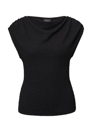 Schwarzes Kurzarmoberteil aus strukturiertem Stoff, mit drapiertem Ausschnitt undtaillierter Silhouette. Schlichtes Design ohne sichtbare Muster oder Beschläge.