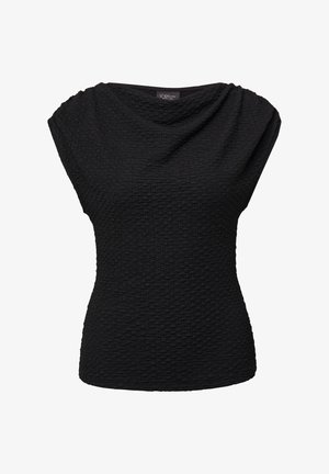 Schwarzes Kurzarmoberteil aus strukturiertem Stoff, mit drapiertem Ausschnitt undtaillierter Silhouette. Schlichtes Design ohne sichtbare Muster oder Beschläge.