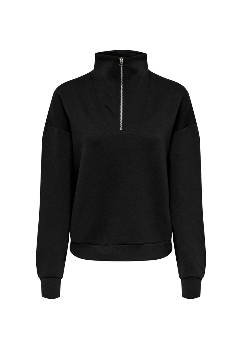 Sweat-shirt noir avec col montant, fermeture éclair et épaules tombantes. Tissu doux avec poignets et ourlet côtelés. Design simple et moderne.