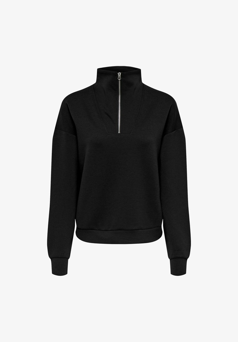 Sweat-shirt noir avec col montant, fermeture éclair et épaules tombantes. Tissu doux avec poignets et ourlet côtelés. Design simple et moderne.