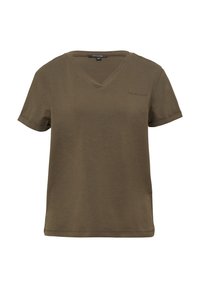 Olivengroen T-shirt met korte mouwen en V-hals, met omgeslagen mouwen en een klein geborduurd logo op de linkerborst.