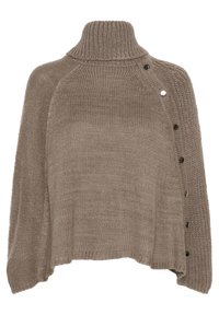 Kamakate taupe värvi kootud kõrge kaelusega sviiter, millel on lõtv istuvus, pikad varrukad ja dekoratiivsed nupud ühe õla ja hemmi ulatuses.