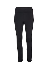 Schwarze Slim-Fit-Hose mit hoch geschnittener Taille und seitlichen Reißverschlusstaschen, geeignet für Freizeit- oder Sportkleidung.