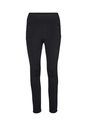 Schwarze Slim-Fit-Hose mit hoch geschnittener Taille und seitlichen Reißverschlusstaschen, geeignet für Freizeit- oder Sportkleidung.